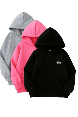 3'lü Kapüşonlu Sweatshirt Seti- Minimal Hope Baskılı - Kışlık Şardonlu Kumaş