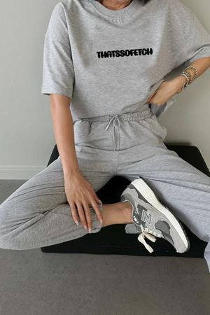 Thatssofetch T-shirt Eşofman Altı Jogger - Gri Baskı Alt Üst Eşofman Takımı Oversize Bisiklet Yaka