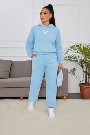 Çift Kelebek Eşofman Takımı Sweatshirt Jogger - Bebe Mavi Baskılı Oversize Şardonlu Kapüşonlu