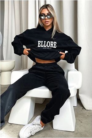 Ellore Australia Eşofman Takımı Sweatshirt Jogger Siyah Baskılı Oversize Şardonlu Kapüşonlu