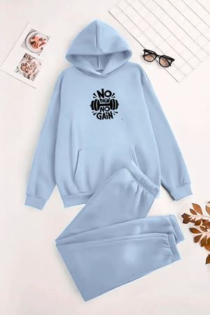Unisex Kapüşonlu BebeMavi Eşofman Takımı NO PAİN NO GAİN Baskılı- Kışlık Şardonlu Kumaş