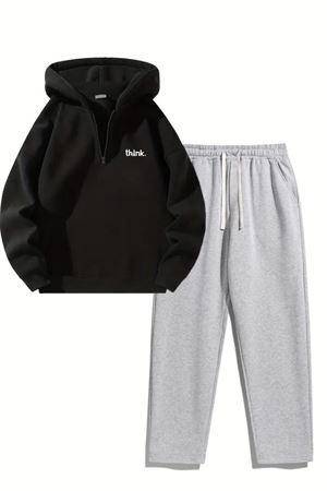 Unisex Oversize Fermuarlı Kapüşonlu Eşofman Altı Joger - Think Baskılı Eşofman Takımı