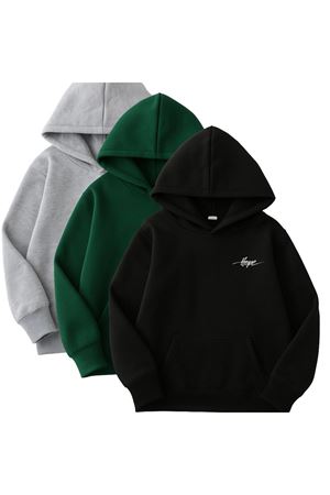 3'lü Kapüşonlu Sweatshirt Seti- Minimal Hope Baskılı - Siyah Nefti Yeşili Gri Kışlık Şardonlu Kumaş