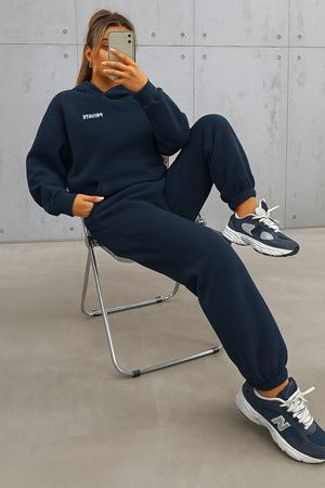 Private Eşofman Takımı Sweatshirt Jogger - Lacivert Baskılı Oversize Şardonlu Kapüşonlu