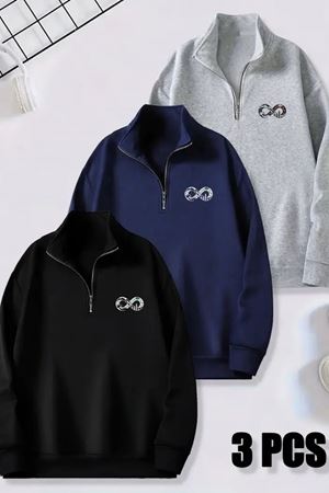 3'lü Fermuarlı Dikyaka Sweatshirt Seti -SONSUZLUK Baskılı- Siyah, Lacivert, Gri