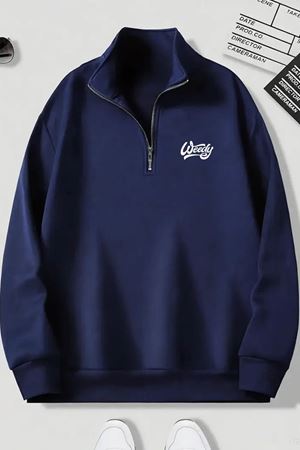 Lacivert Fermuarlı Dikyaka Sweatshirt- WEEDY Baskılı- Kışık Şardonlu Kumaş