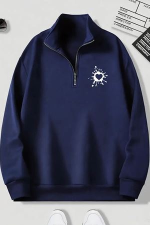 Lacivert Fermuarlı Dikyaka Sweatshirt- DAMLA KALP Baskılı- Kışık Şardonlu Kumaş
