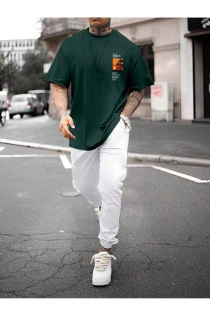 Beach T-Shirt Eşofman Altı Jogger - Nefti Yeşil Beyaz Baskılı Eşofman Takımı Oversize Bisiklet Yaka