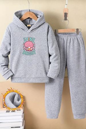 Çocuk Gri Kapüşonlu Eşofman Takımı Şardonlu Kumaş Kışlık İkili Set - Renkli Shine Bright Baskılı