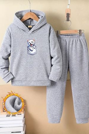 Çocuk Gri Kapüşonlu Eşofman Takımı Şardonlu Kumaş Kışlık İkili Set - Cepteki Köpek Baskılı