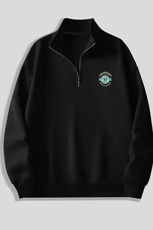 Siyah Fermuarlı Dikyaka Sweatshirt- LEGENDARY - Kışık Şardonlu Kumaş