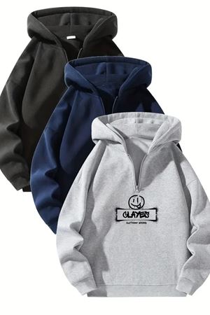 Unisex Fermuarlı Kapüşonlu Oversize Gülücük Baskılı Sweatshirt – Siyah / Lacivert / Gri