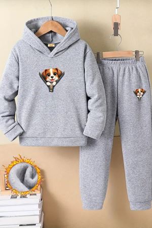 Çocuk Gri Kapüşonlu Eşofman Takımı Şardonlu Kumaş Kışlık İkili Set - Fermuar Köpek Baskılı
