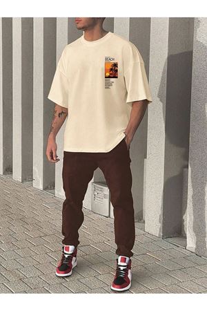 Beach T-shirt Eşofman Altı Jogger - Bej Tshirt Kahverengi Alt Eşofman Takımı Oversize Bisiklet Yaka