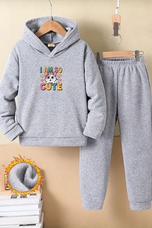 Çocuk Gri Kapüşonlu Eşofman Takımı Şardonlu Kumaş Kışlık İkili Set - I AM SO CUTE Baskılı