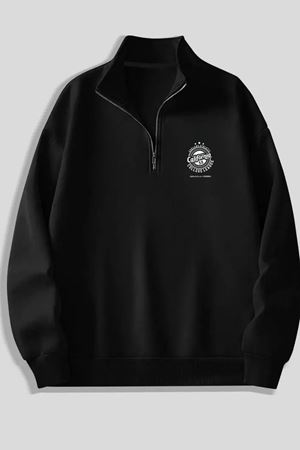 Siyah Fermuarlı Dikyaka Sweatshirt- CALİFORNİA 55 - Kışık Şardonlu Kumaş