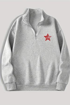 Gri Fermuarlı Dikyaka Sweatshirt- YILDIZ - Kışık Şardonlu Kumaş