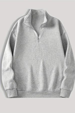 Gri Fermuarlı Dikyaka Sweatshirt- BASİC - Kışık Şardonlu Kumaş