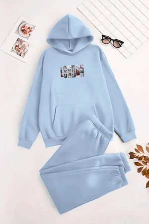 Unisex Kapüşonlu BebeMavi Eşofman Takımı LONDON Baskılı- Kışlık Şardonlu Kumaş