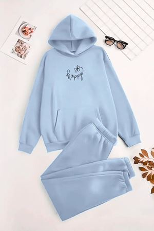 Unisex Kapüşonlu BebeMavi Eşofman Takımı HAPPY ÇİÇEK Baskılı- Kışlık Şardonlu Kumaş