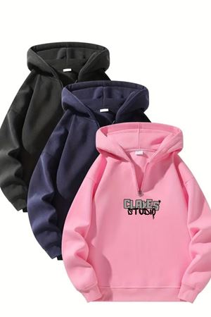 Unisex Fermuarlı Kapüşonlu Oversize Studio Baskılı Sweatshirt – Siyah / Lacivert / Pembe