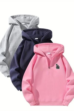 Unisex Fermuarlı Kapüşonlu Oversize LA Logolu Baskılı Sweatshirt – Gri / Lacivert / Pembe