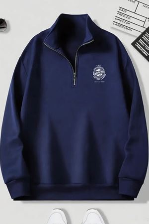 Lacivert Fermuarlı Dikyaka Sweatshirt- CALİFORNİA 55- Kışık Şardonlu Kumaş