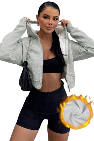 Gri Kadın Crop Fermuarlı Kapüşonlu Sweatshirt
