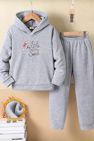 Çocuk Gri Kapüşonlu Eşofman Takımı Şardonlu Kumaş Kışlık İkili Set - Little Sweet Baskılı