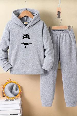 Çocuk Gri Kapüşonlu Eşofman Takımı Şardonlu Kumaş Kışlık İkili Set - Çizgi Kedi Baskılı