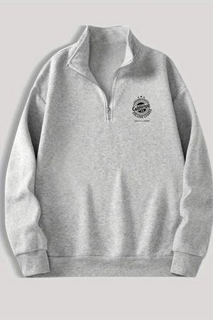 Gri Fermuarlı Dikyaka Sweatshirt- CALİFORNİA 55 - Kışık Şardonlu Kumaş