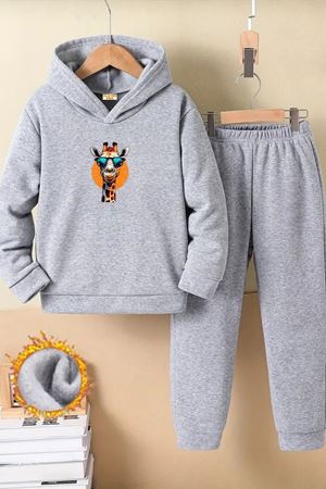Çocuk Gri Kapüşonlu Eşofman Takımı Şardonlu Kumaş Kışlık İkili Set - Gözlüklü Zürafa Baskılı