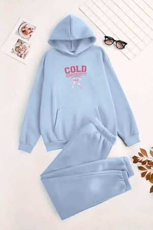 Unisex Kapüşonlu BebeMavi Eşofman Takımı COLD UNİVERSİTY Baskılı- Kışlık Şardonlu Kumaş