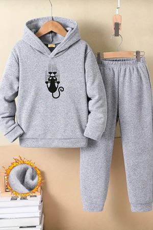 Çocuk Gri Kapüşonlu Eşofman Takımı Şardonlu Kumaş Kışlık İkili Set - Tırmanan Kedi Baskılı