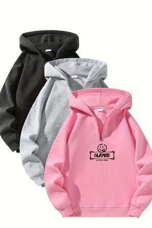 Unisex Fermuarlı Kapüşonlu Oversize Gülücük Tasarım Baskılı Sweatshirt – Siyah / Gri / Pembe