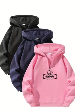 Unisex Fermuarlı Kapüşonlu Oversize Gülücük Baskılı Sweatshirt – Siyah / Lacivert / Pembe