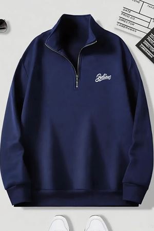 Lacivert Fermuarlı Dikyaka Sweatshirt- MİNİ BELİEVE Baskılı- Kışık Şardonlu Kumaş