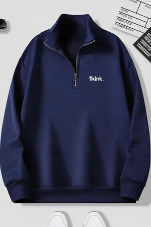 Lacivert Fermuarlı Dikyaka Sweatshirt- THİNK Baskılı- Kışık Şardonlu Kumaş