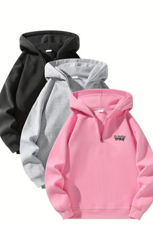 Unisex Fermuarlı Kapüşonlu Oversize Tasarım Baskılı Sweatshirt – Siyah / Gri / Pembe