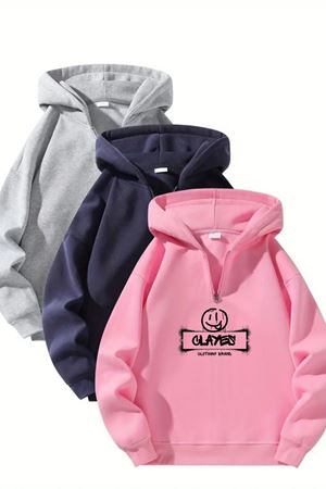 Unisex Fermuarlı Kapüşonlu Oversize C Baskılı Sweatshirt – Gri / Lacivert / Pembe