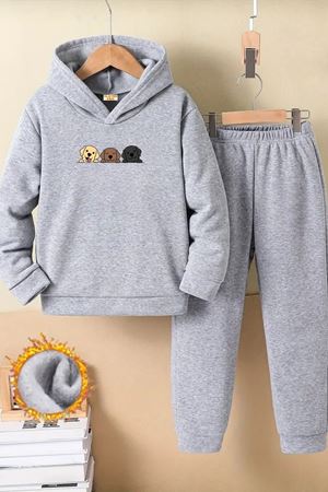 Çocuk Gri Kapüşonlu Eşofman Takımı Şardonlu Kumaş Kışlık İkili Set - 3 Sevimli Köpek Baskılı