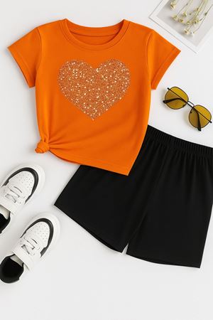 Kalp Pamuk Çocuk Takım - Turuncu T-shirt Siyah Şort Baskılı Kız Erkek Çocuk Yazlık Bisiklet Yaka