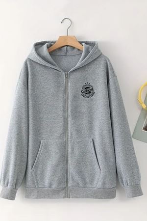 Unisex Gri Kapüşonlu Fermuarlı HIRKA – CALİFORNİA LOGO Baskılı, Şardonlu Kalın Kumaş