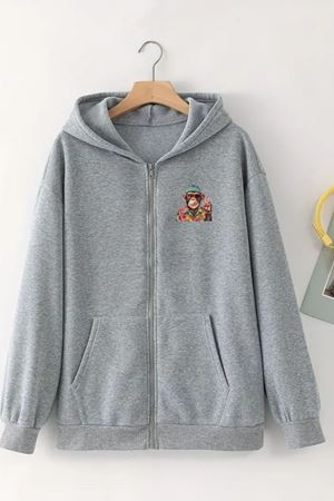 Unisex Gri Kapüşonlu Fermuarlı HIRKA – MAYMUN Baskılı, Şardonlu Kalın Kumaş