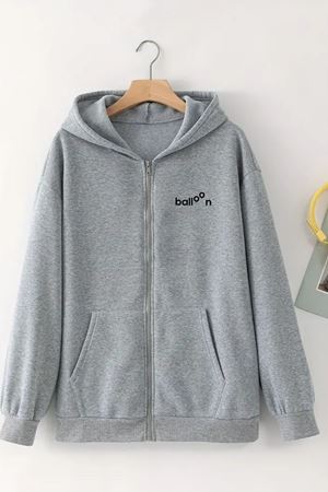 Unisex Gri Kapüşonlu Fermuarlı HIRKA – BALOON Baskılı, Şardonlu Kalın Kumaş