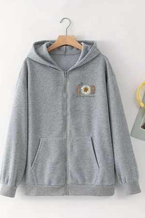 Unisex Gri Kapüşonlu Fermuarlı HIRKA – GOD ÇİÇEK Baskılı, Şardonlu Kalın Kumaş