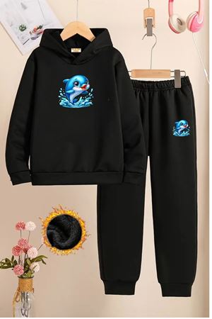 Çocuk Siyah Eşofman Takımı-YUNUS Baskılı-Şardonlu Kumaş