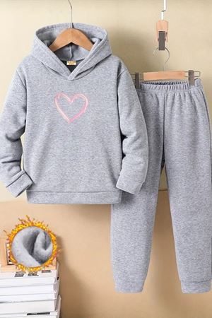 Çocuk Gri Kapüşonlu Eşofman Takımı Şardonlu Kumaş Kışlık İkili Set - Pembe Kalp Baskılı