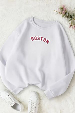 Unisex Beyaz BOSTON KIRMIZI Baskılı Bisiklet Yaka Sweatshirt- Kışlık Şardonlu Kumaş