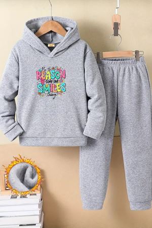 Çocuk Gri Kapüşonlu Eşofman Takımı Şardonlu Kumaş Kışlık İkili Set - Renkli Reason Smiles Baskılı